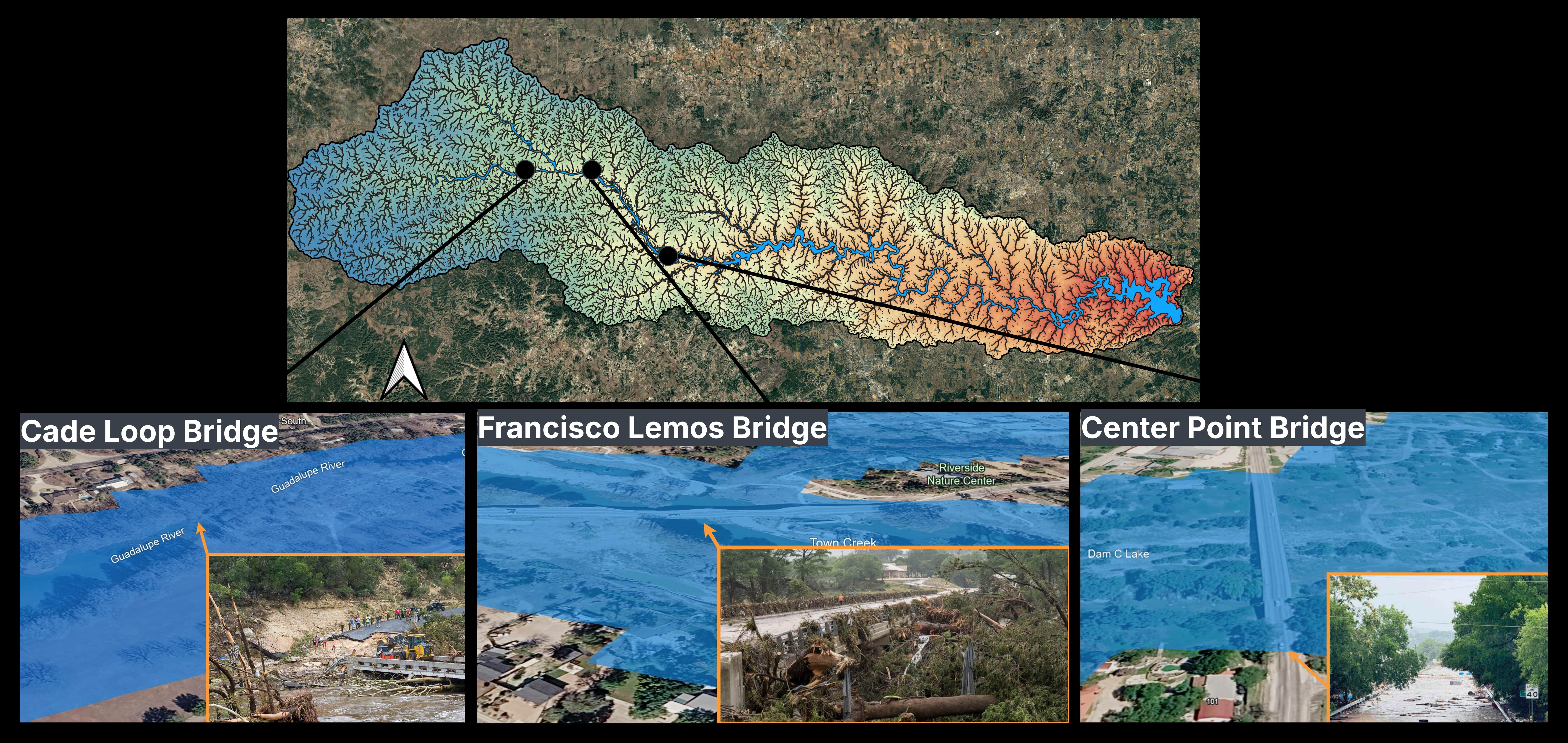 Examples of bridge locations affected during the July 2025 Guadalupe River flood