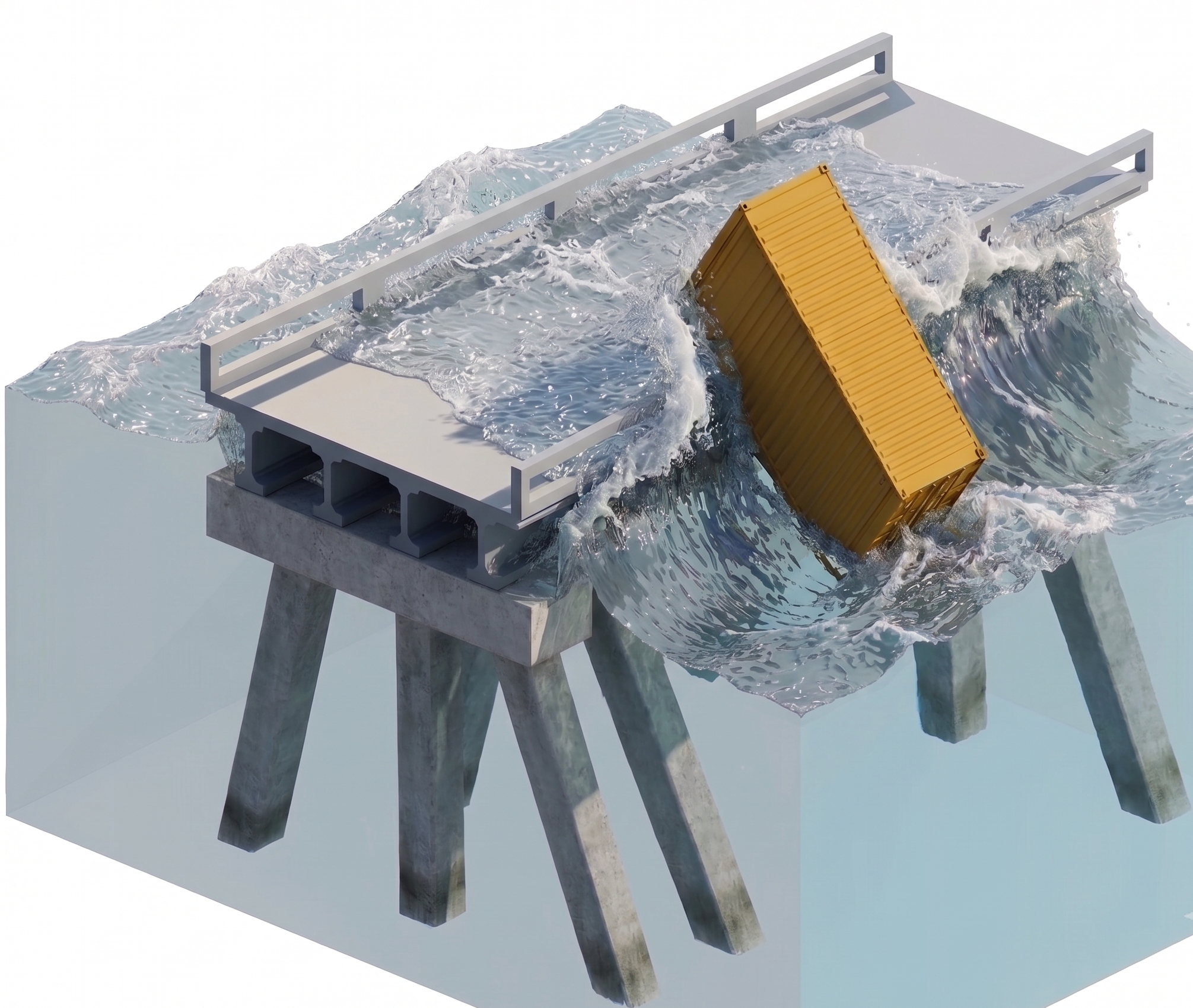 Conceptual illustration of floating debris transported toward a coastal bridge